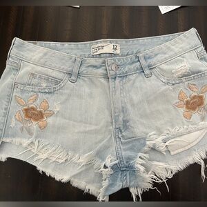 Abercrombie & Fitch Light Blue Jean Shorts with Floral Embroidery